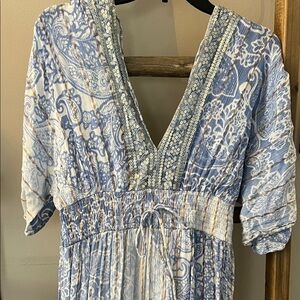 Athenian blue paisley Maxi Dress with Embellished V-Neck GREEK GODDESS